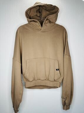 Popflex Tan Taupe Kangaroo Pocket Drop Shoulder Crop Pullover Hoodie S/M